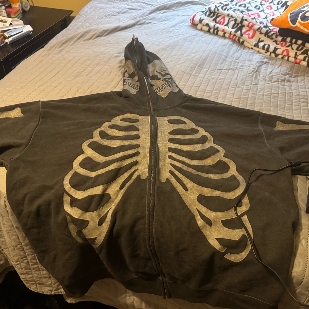 Forever 21 Black Hoodie with White Skeleton Graphic